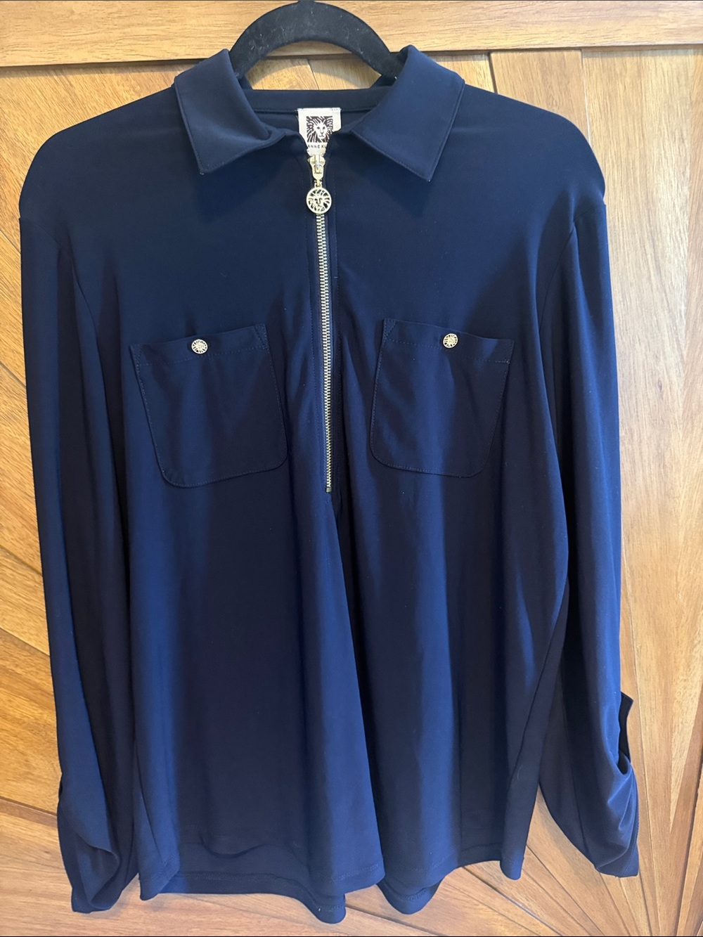 Anne Klein Navy Long-Sleeve Zip Front Blouse